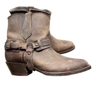 San Pedro Brown Cowhide Leather Harness Strap Almond toe Western boots Women 7.5